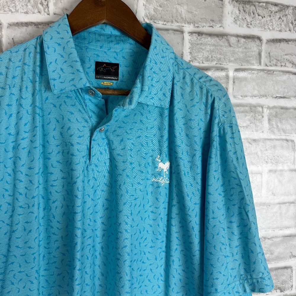 Greg Norman x Wildfire Play Dry Mint Blue Shark AOP Performance Golf Polo LARGE